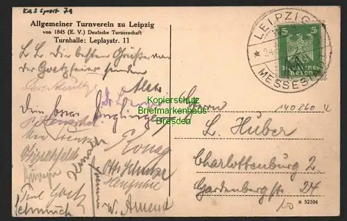 140260 AK Leipzig 1925 Allgemeiner Turnverein Turnhalle Leplaystraße Autogramme