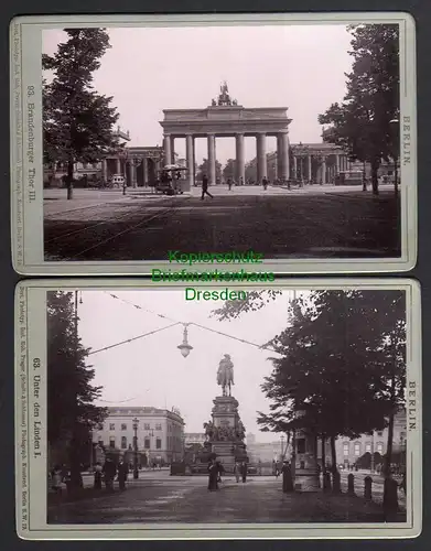 117582 2x Berlin Kabinettfoto um 1880 Brandenburger Tor Pferdebahn Denkmal unter