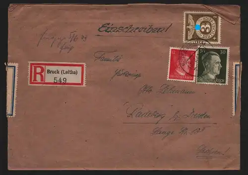 B13189 Brief Einschreiben DR Hitler Bruck Leitha 1943 nach Radeberg