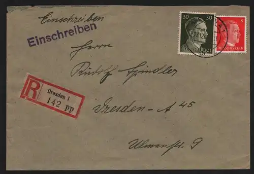 B13186 Brief Einschreiben DR Hitler Dresden 1943 Oberbürgermeister Wirtschaftsam