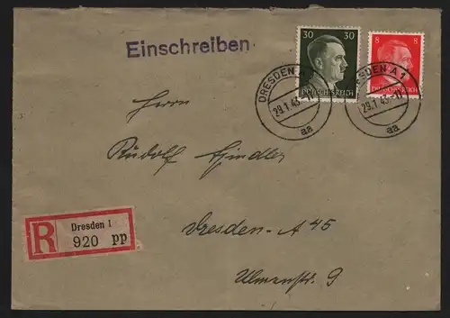 B13185 Brief Einschreiben DR Hitler Dresden 1943 Oberbürgermeister Wirtschaftsam