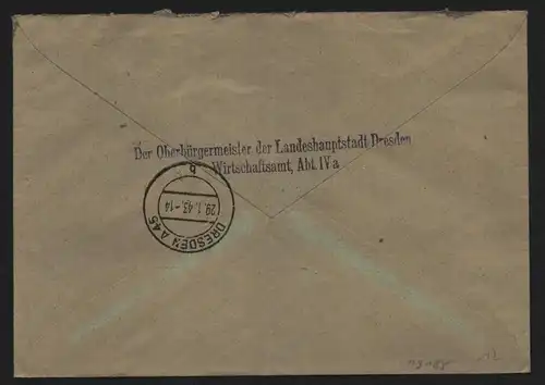 B13185 Brief Einschreiben DR Hitler Dresden 1943 Oberbürgermeister Wirtschaftsam