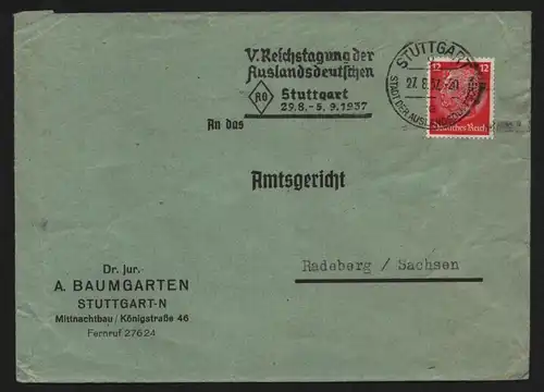 B13181 Brief DR Hindenburg 1937 Firmenlochung Perfin B W S Stuttgart n Radeberg