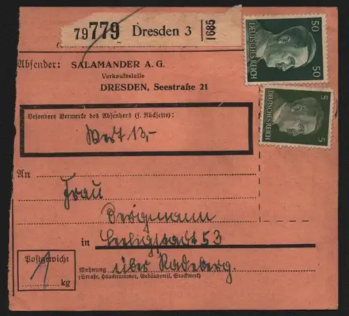 B13174 Paketkarte Deutsches Reich 1942 Dresden nach Seligstadt über Radeberg