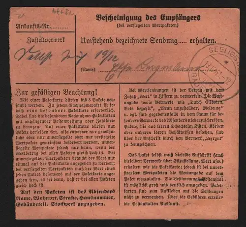 B13174 Paketkarte Deutsches Reich 1942 Dresden nach Seligstadt über Radeberg