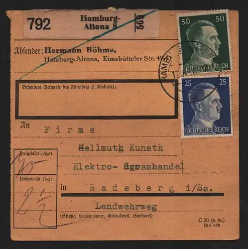 B13173 Paketkarte Deutsches Reich 1942 Hamburg Altona 3 nach Radeberg