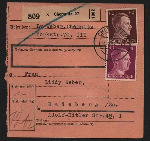 B13171 Paketkarte Deutsches Reich 1942 Chemnitz 27  nach Radeberg