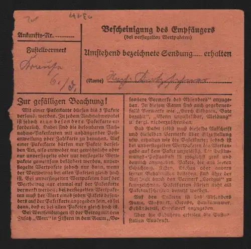 B13171 Paketkarte Deutsches Reich 1942 Chemnitz 27  nach Radeberg