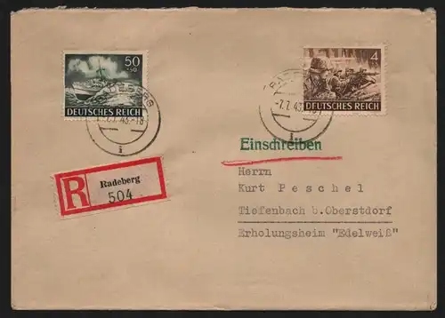 B13140 Brief Deutsches Reich 1944 Radeberg Einschreiben R 504 nach Tiefenbach