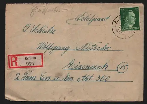 B13134 Brief Deutsches Reich 1944 Einschreiben Erfurt Eisenach Panzer Abt. 300