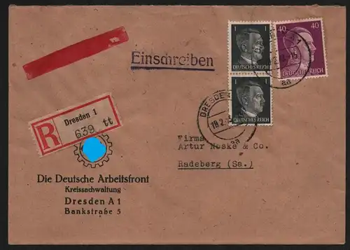 B13132 Brief Deutsches Reich 1943 Einschreiben Dresden 1 639 nach Radeberg Firma