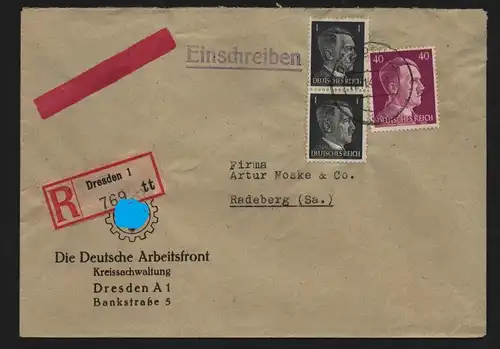 B13131 Brief Deutsches Reich 1942 Einschreiben Dresden 1 nach Radeberg Firma