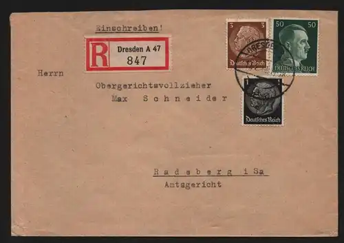 B13130 Brief Deutsches Reich 1942 Einschreiben Dresden A 47 nach Radeberg