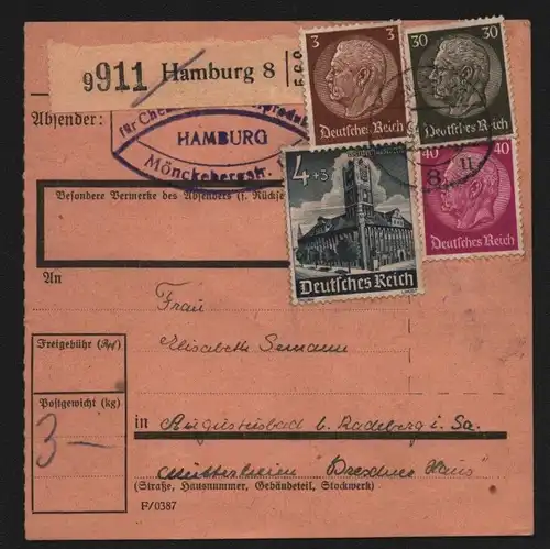 B13118 Paketkarte Deutsches Reich 1941 Hamburg n. Liegau Augustusbad b. Radeberg