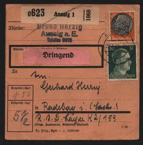 B13115 Paketkarte Deutsches Reich 1942 Dringend Aussig nach Radeberg