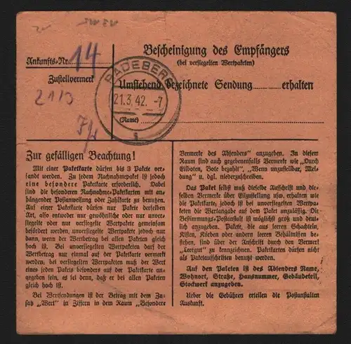 B13115 Paketkarte Deutsches Reich 1942 Dringend Aussig nach Radeberg