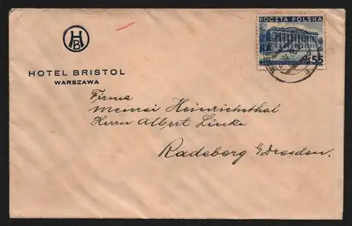 B13109 Brief Polen Hotel Bristol Warszawa 1938 n Meierei Heinrichsthal Radeberg