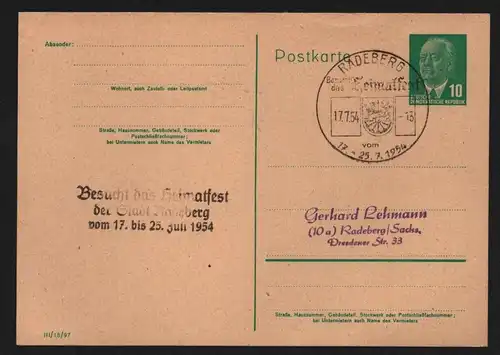 B13107 DDR Postkarte Radeberg 1954 SST Besucht das Heimatfest und zusätzlicher