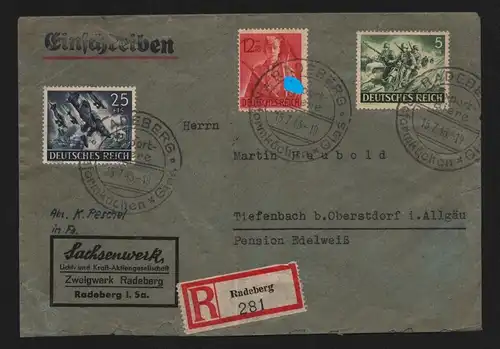 B13105 DR Brief Einschreiben Radeberg 1943 Sachsenwerk nach Tiefenbach Allgäu