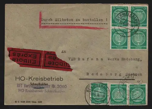 B13094 DDR Dienst A Brief Eilboten HO Kreisbetrieb Schmalkalden 1957 n. Radeberg