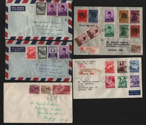 B13090 5 Briefe 190 - 195 Indonesien 1957 Tauschsendung Kontrollmarke DDR 1959
