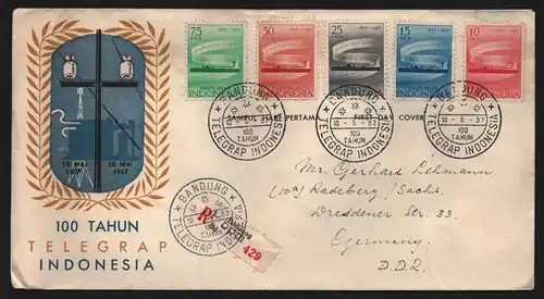 B13074 Indonesien 1957 196 - 200 FDC nach Radeberg Telegrafie Indonesien Bandung