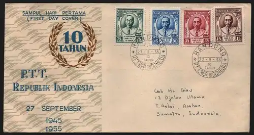 B13063 Indonesien 1955 147 - 150 FDC 10 Jahre indonesische Post Bandung Tahuh