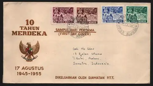 B13060 Indonesien 1955 143 - 146 FDC  10 Jahre Republik Tahun Merdeka Tandjung