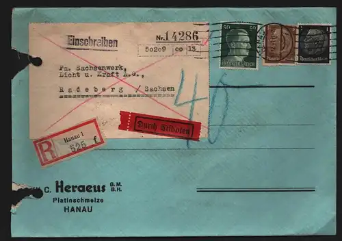B13054 Brief Einschreiben Eilboten Heraeus Platinschmelze Hanau an Sachsenwerk