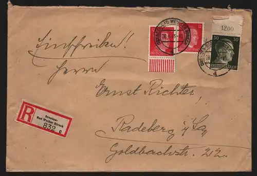 B13053 Brief Deutsches Reich 1943 Einschreiben Dresden WH nach Radeberg