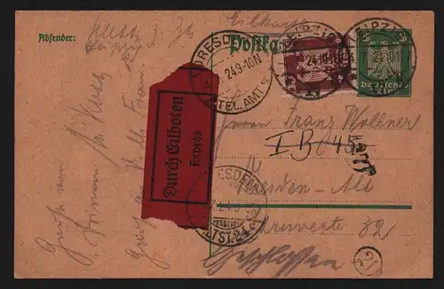 B13033 DR Deutsches Reich Leipzig 1924 Ganzsache Eilboten Express nach Dresden