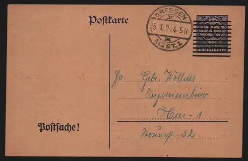 B13032 DR Dresden 1924 Ganzsache 1921 schwarz  Postsache Fernsprechamt