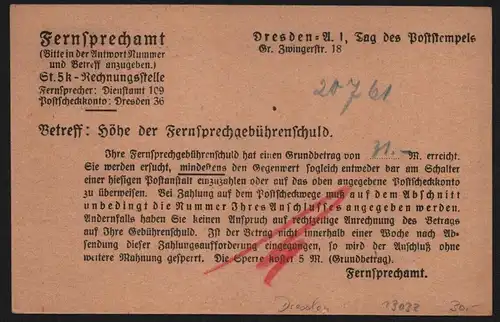 B13032 DR Dresden 1924 Ganzsache 1921 schwarz  Postsache Fernsprechamt