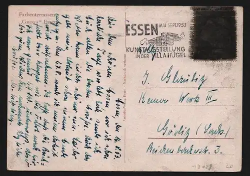 B13029 Postkarte BRD Postkrieg 1953 Vertriebenenmarke 165 geschwärzt n. Görlitz