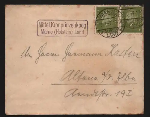 B13024 Brief Deutsches Reich Marne Holstein Land Mittel Kronprinzenkoog Landpost
