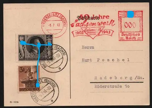 B13015 Deutsches Reich 1943 40 Jahre Sachsenwerk Niedersedlitz nach Radeberg