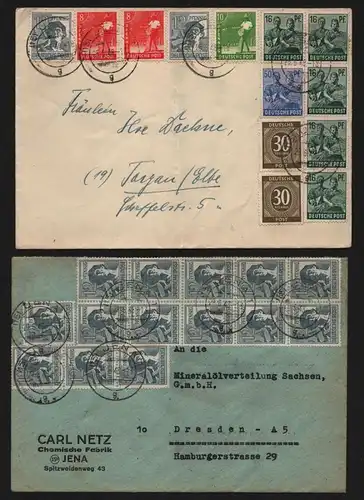 B13007 SBZ 2x Brief Währungsreform Zehnfachfrankatur 1948 Jena n. Dresden Torgau