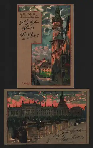 151000 2 AK Leipzig 1901 Litho Künstlerkarte Nicolai Kirche Universität Pauliner