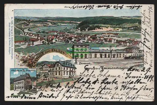 150818 AK Immendingen Litho 1899 Gasthof zum Falken Bahnhof Postamt Panorama