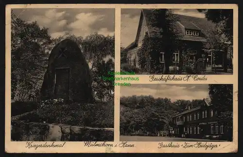 148303 AK Mulmshorn Rotenburg Wümme Kriegerdenkmal 1942 Gasthaus zum Heidejäger