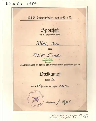 B10272 MTV Himmelpforten Urkunde Sportfest 1951