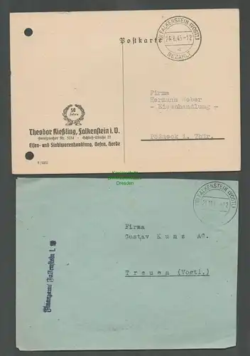 B5767 Gebühr bezahlt 1945 Brief Karte Falkenstein Vogtl. Eisenhandlung Kießling