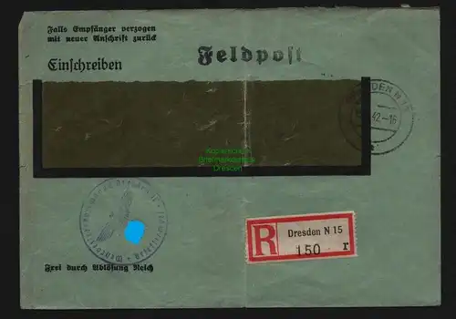B12700 Deutsches Reich DR 1942 Einschreiben Dresden 1942 Wehrbezirkskommando II