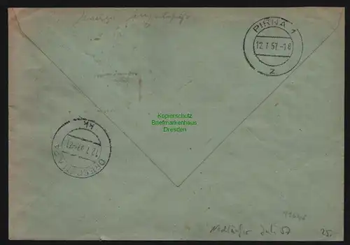 B12645 DDR ZKD 1957 2x 6 Brief Spätverwendung unzulässig 11.7.57 nach Dresden