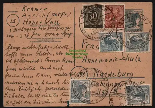 B12628 Postkarte Ganzsache 22.6.48 Zehnfach Währungsreform West Aurich nach
