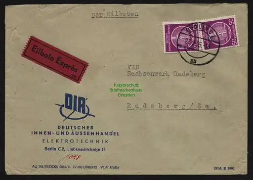 B12662 DDR Dienst A 2x 15 MeF Eilboten Brief Berlin an Sachsenwerk Radeberg 1955