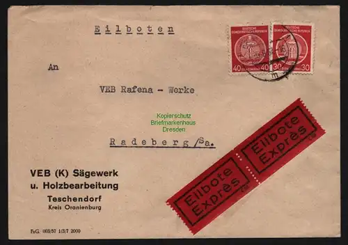 B12656 DDR 1957 Brief Eilboten VEB Sägewerk Teschendorf an VEB Rafena