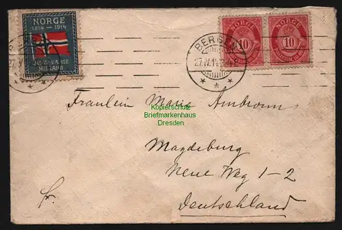 B12681 Brief Norwegen Norg 1914 nach Magdeburg Vignette Jegvil Vaerge Midland