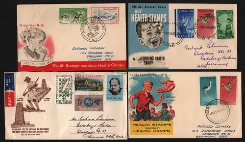 B12686 4x Brief Neuseeland New Zealand 2x FDC Health stamps to Radeberg Germany
