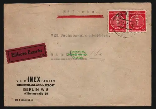 B12659 DDR Dienst A 2x 12 MeF Eilboten Brief Berlin VEB INEX  - VEB Sachsenwerk